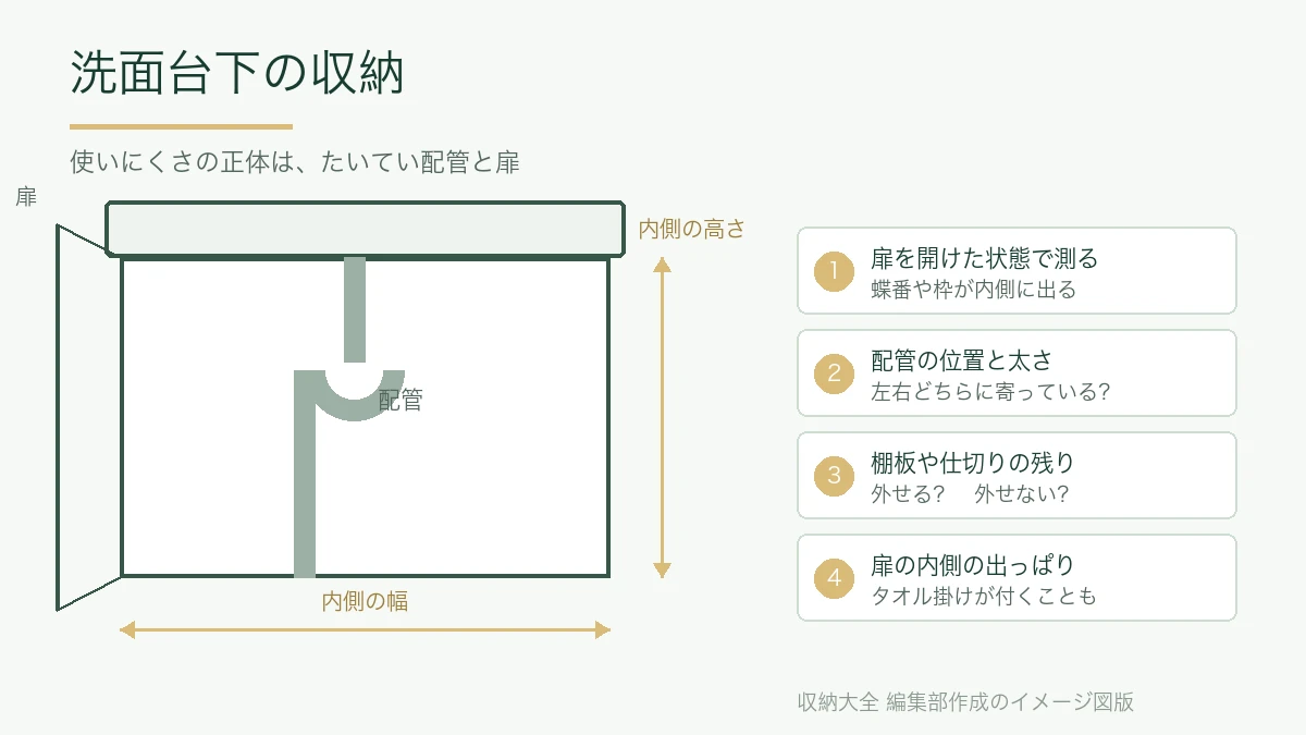 洗面台下のキャビネットを正面から見た断面と、内側の幅・高さを測る位置の図
