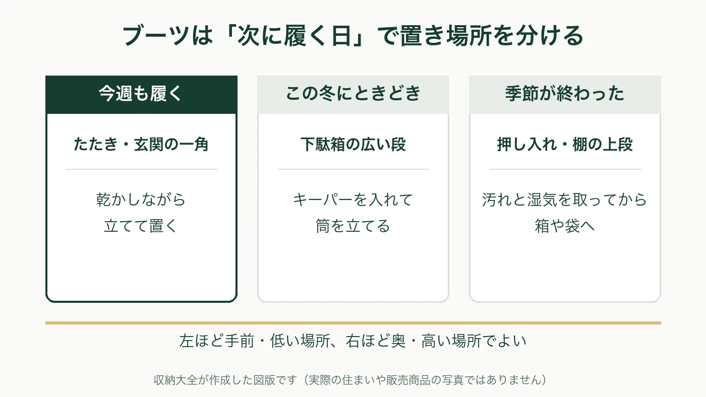 ブーツを次に履く日で分けて置く図