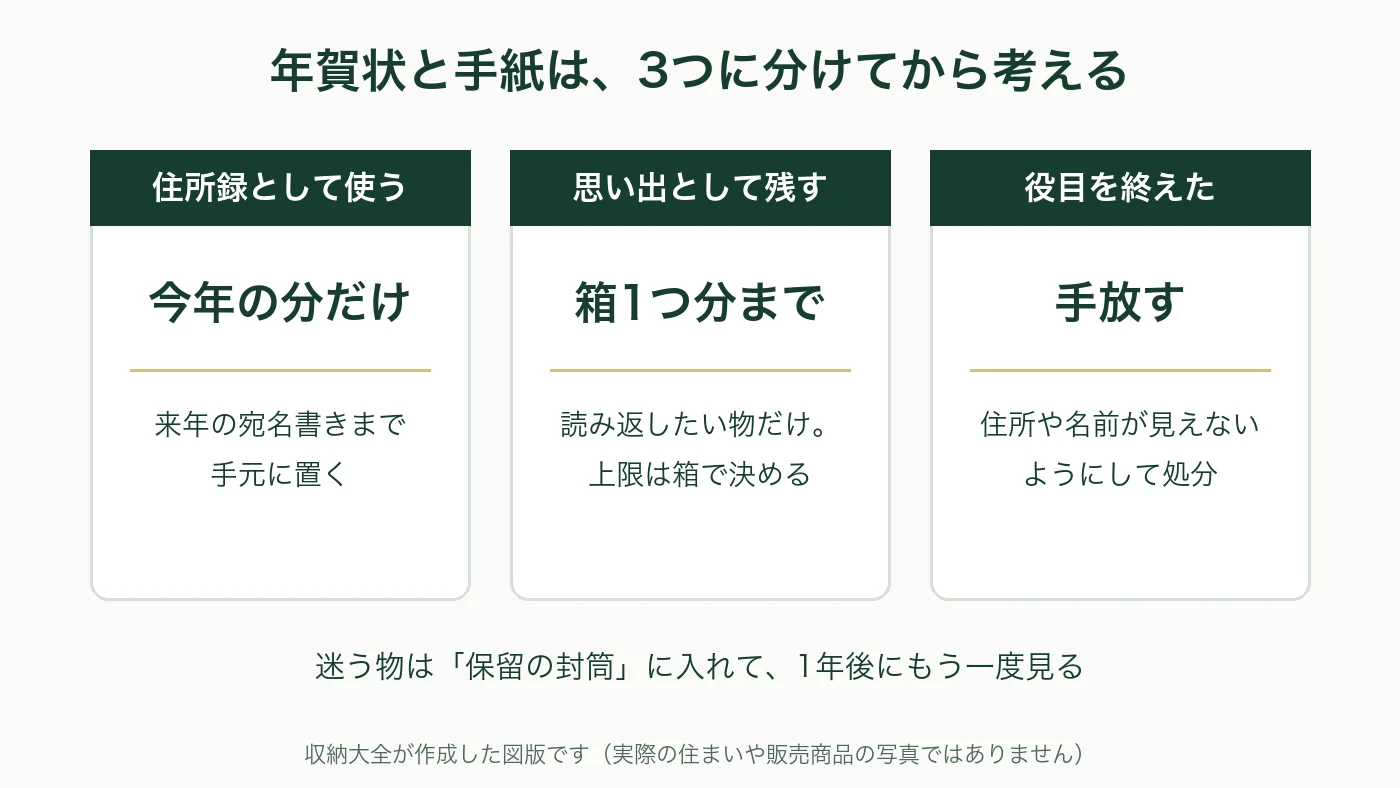 年賀状と手紙を3つに分ける図