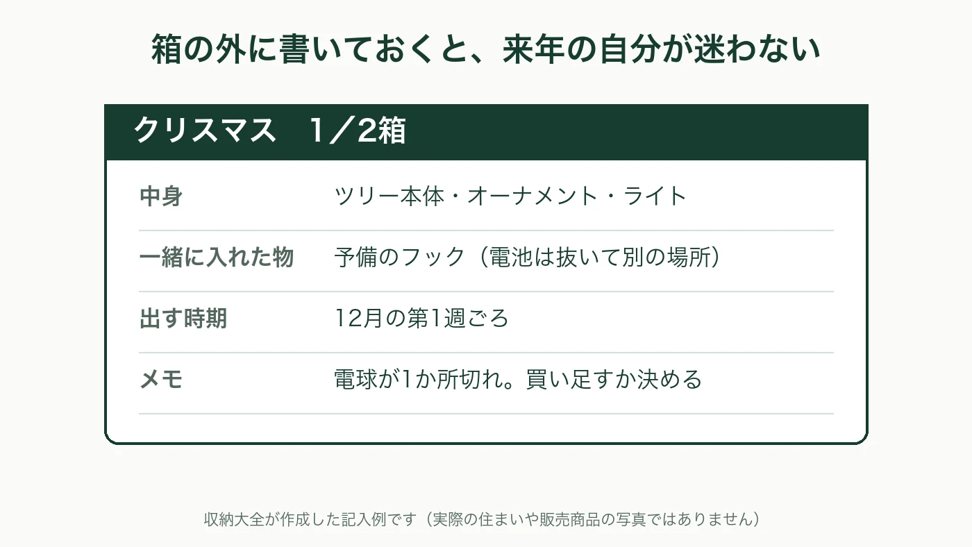 クリスマスの箱のラベル記入例。中身、一緒に入れた物、出す時期、メモの4項目
